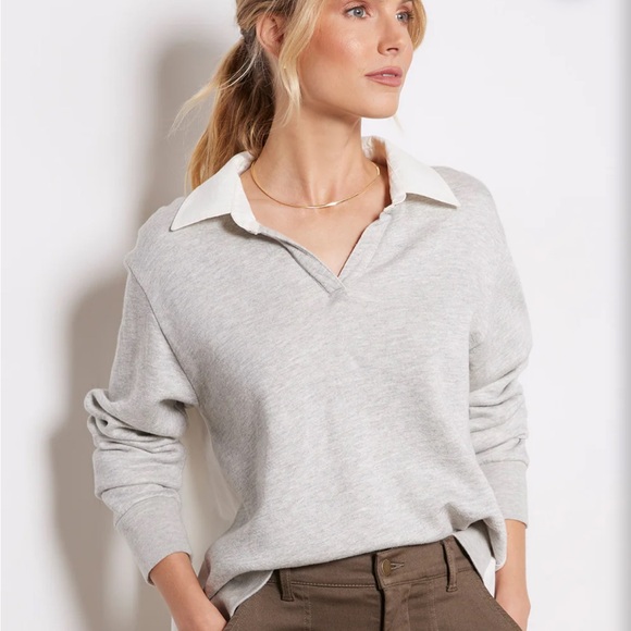 Monrow Poplin Mix Collar Sweatshirt in Heather Grey - Picture 2 of 5